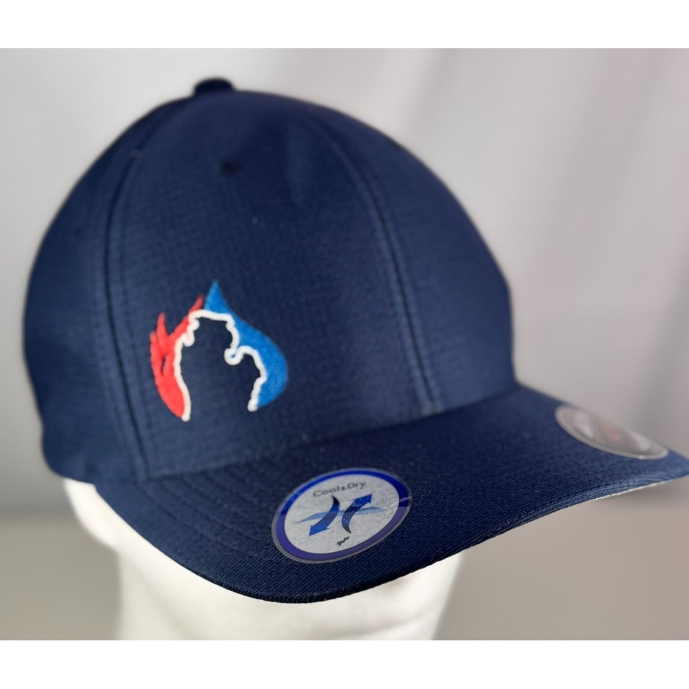 Flexfit Yupoong Cool‎ Dry Fitted Hat Navy Blue Red Blue Flame Logo Cap Polyester